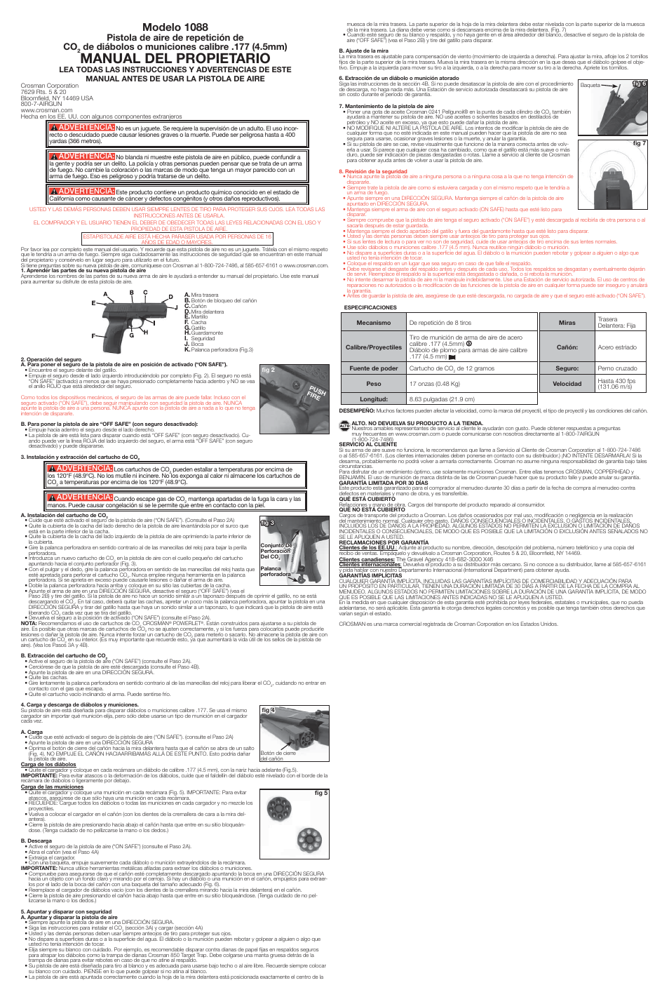 Manual del propietario, Modelo 1088, Pistola de aire de repetición de co | Advertencia | Crosman 1088 User Manual | Page 2 / 3