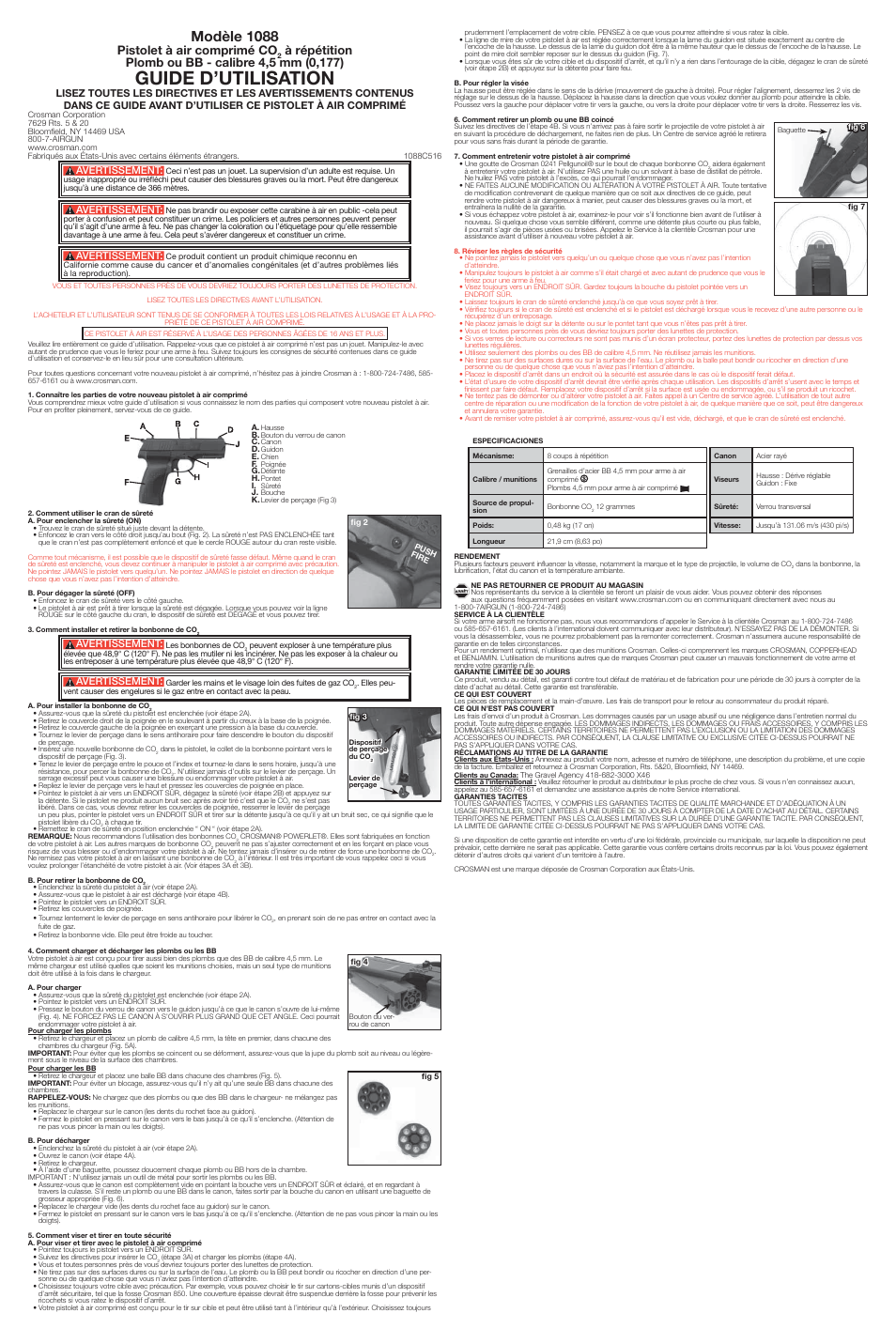 Guide d’utilisation, Modèle 1088, Pistolet à air comprimé co | Avertissement | Crosman 1088 User Manual | Page 3 / 3