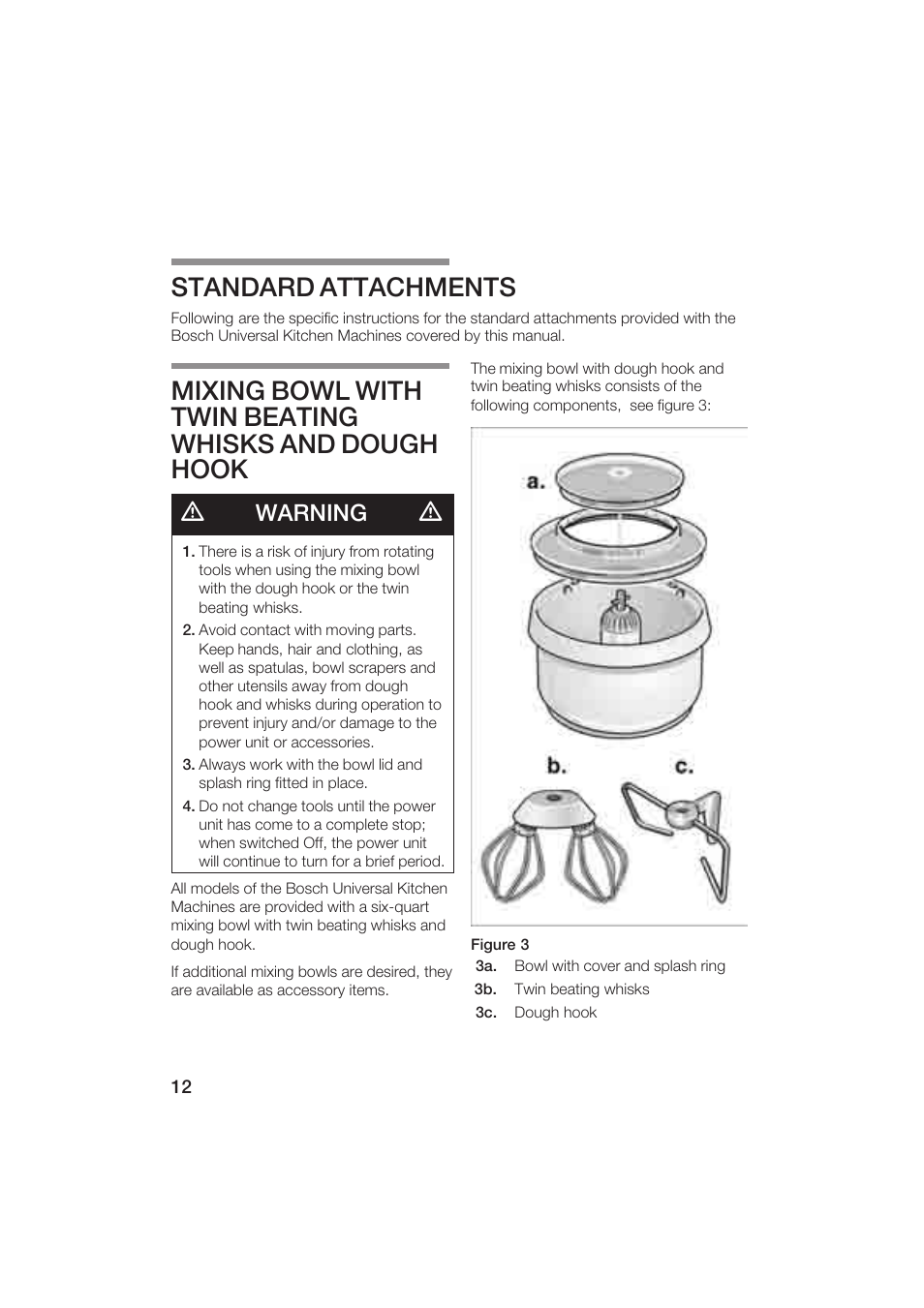 Standard attachments, Warning | Bosch MUM6N10UC User Manual | Page 12 / 84