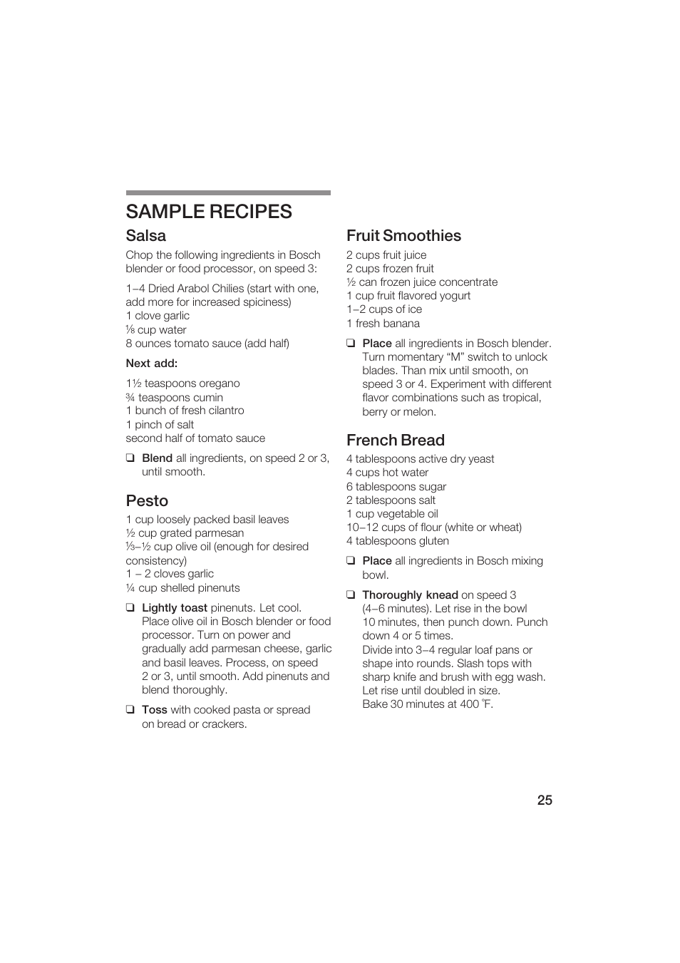 Sample recipes, Salsa, Pesto | Fruit smoothies, French bread | Bosch MUM6N10UC User Manual | Page 25 / 84