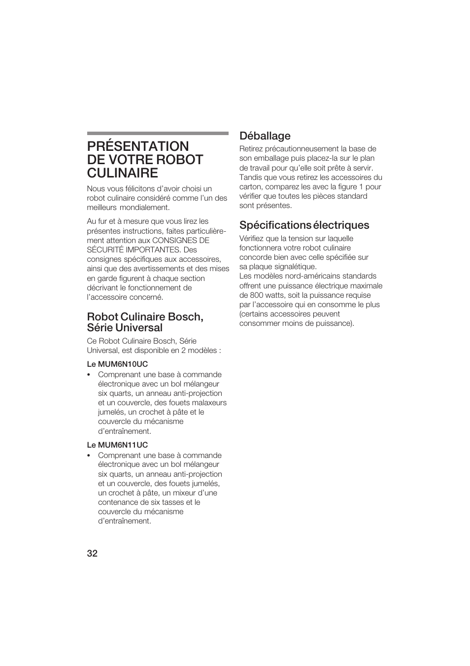 Présentation de votre robot culinaire, Robot culinaire bosch, série universal, Déballage | Spécifications électriques | Bosch MUM6N10UC User Manual | Page 32 / 84