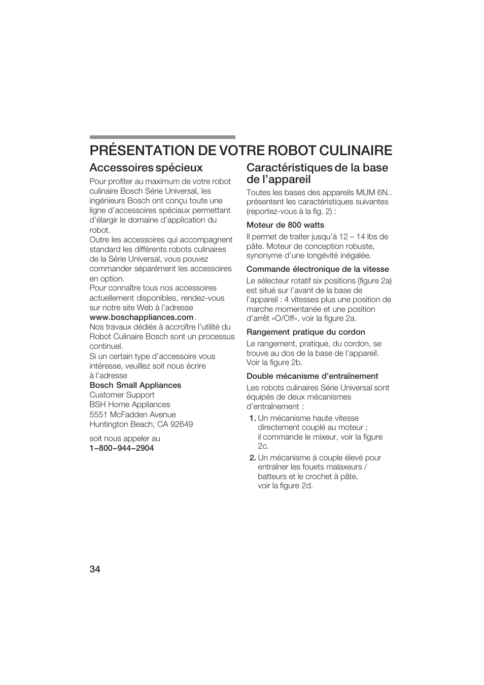 Présentation de votre robot culinaire, Accessoires spécieux, Caractéristiques de la base de l'appareil | Bosch MUM6N10UC User Manual | Page 34 / 84