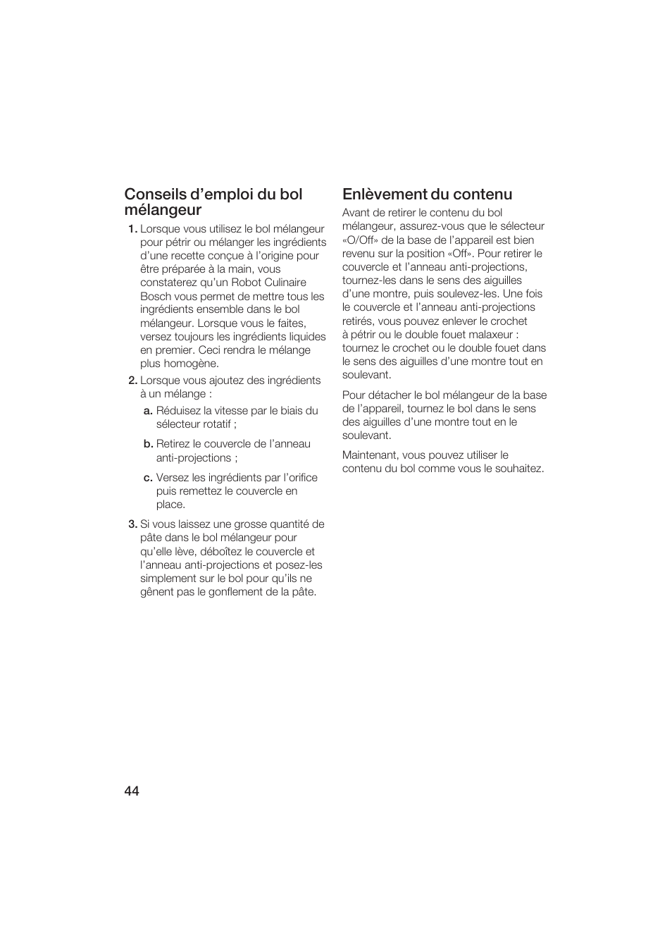 Conseils d'emploi du bol mélangeur, Enlèvement du contenu | Bosch MUM6N10UC User Manual | Page 44 / 84