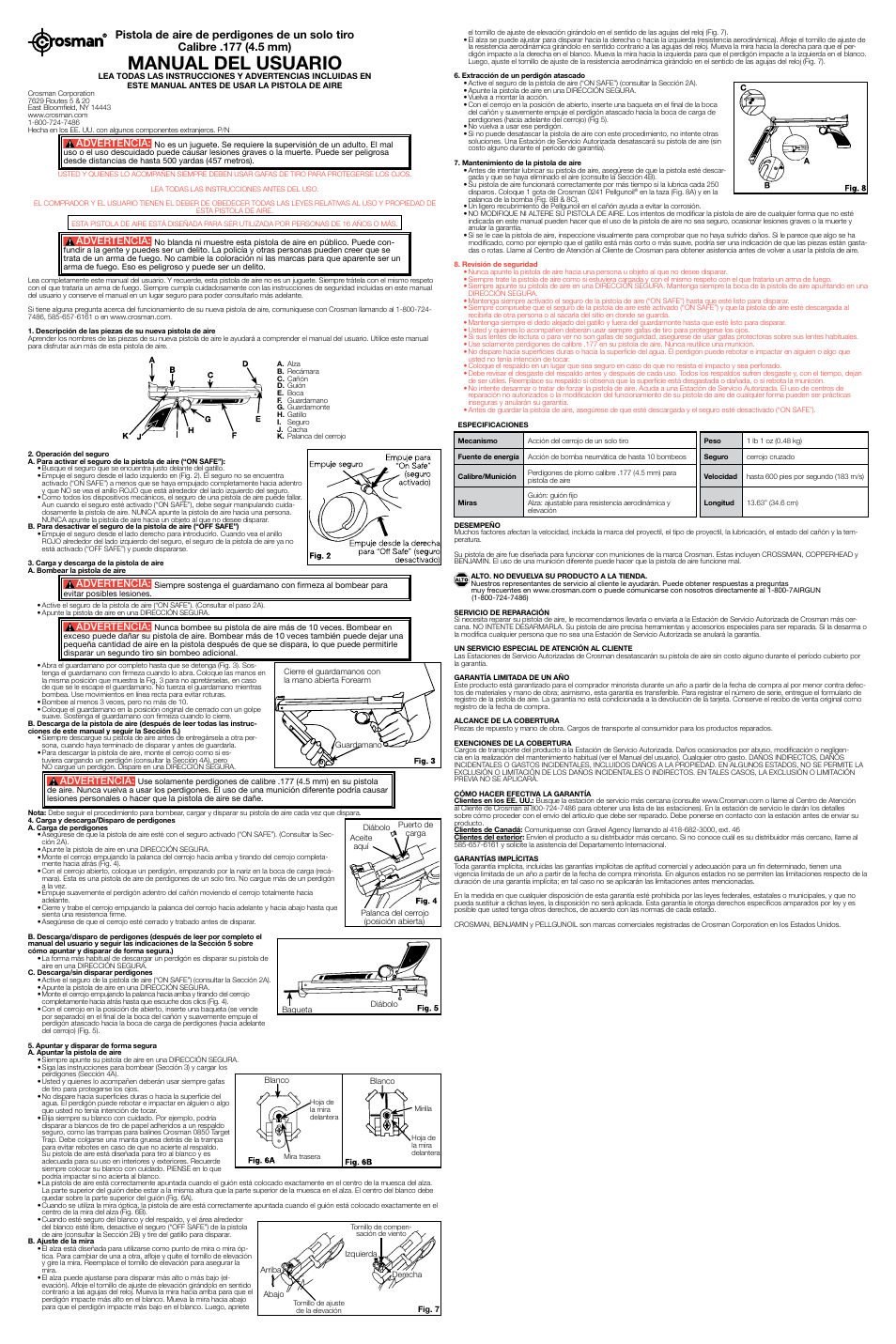 Manual del usuario, Advertencia | Crosman 1377 (1998-Present) User Manual | Page 2 / 2