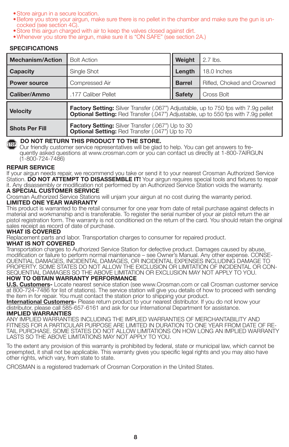 Crosman 1720T User Manual | Page 8 / 8