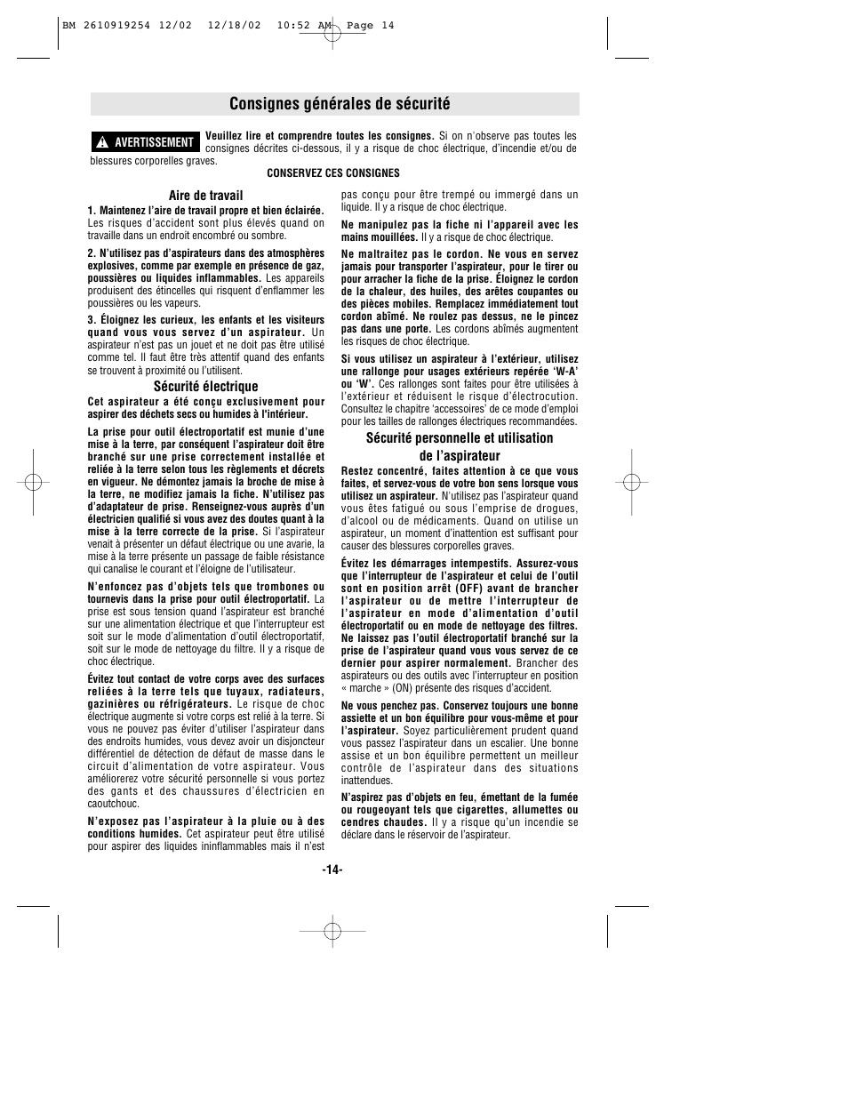 Consignes générales de sécurité | Bosch 3931 User Manual | Page 14 / 40