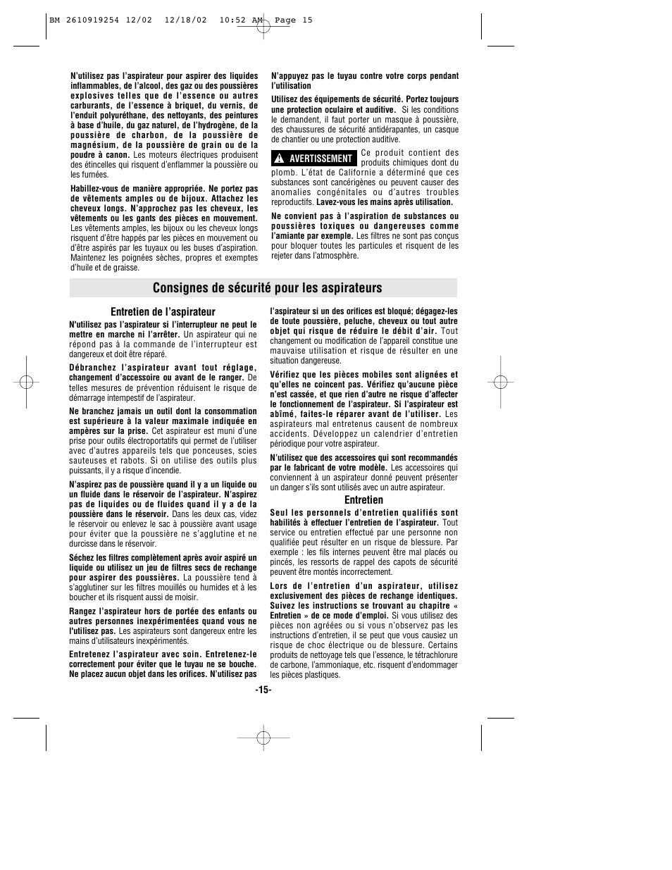 Consignes de sécurité pour les aspirateurs | Bosch 3931 User Manual | Page 15 / 40