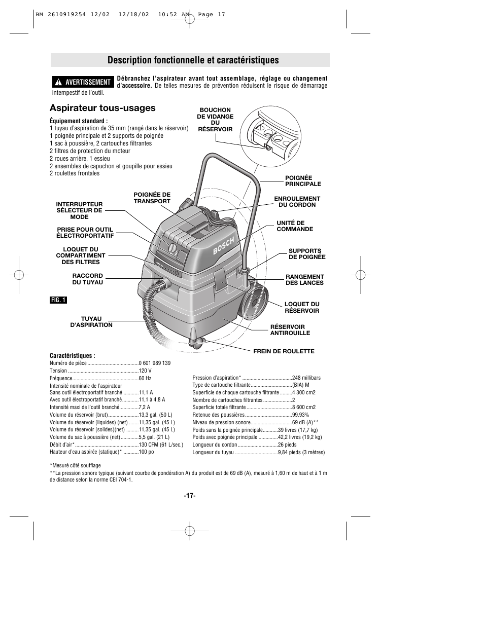 Description fonctionnelle et caractéristiques, Aspirateur tous-usages | Bosch 3931 User Manual | Page 17 / 40