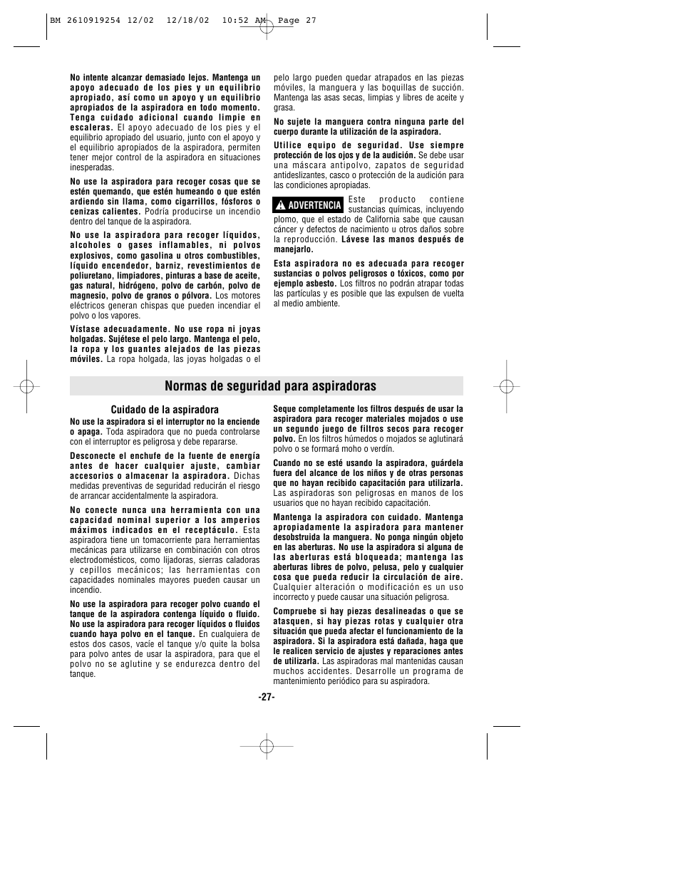 Normas de seguridad para aspiradoras | Bosch 3931 User Manual | Page 27 / 40