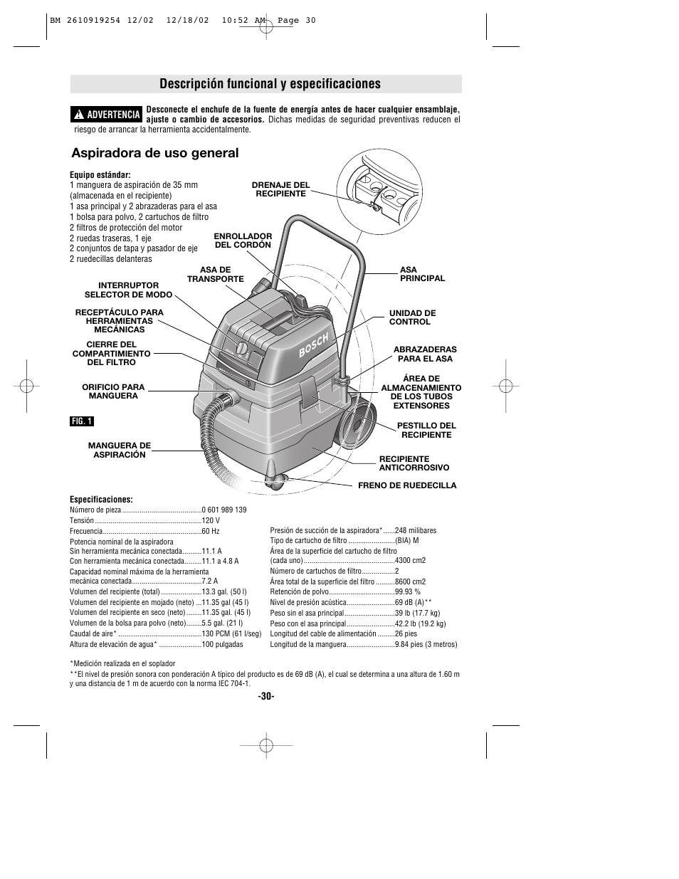 Descripción funcional y especificaciones, Aspiradora de uso general | Bosch 3931 User Manual | Page 30 / 40