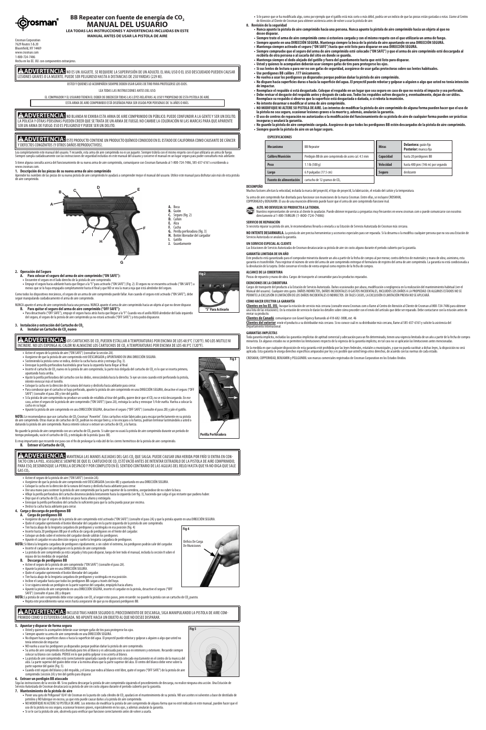 Manual del usuario, Bb repeater con fuente de energía de co | Crosman 40121 User Manual | Page 2 / 3