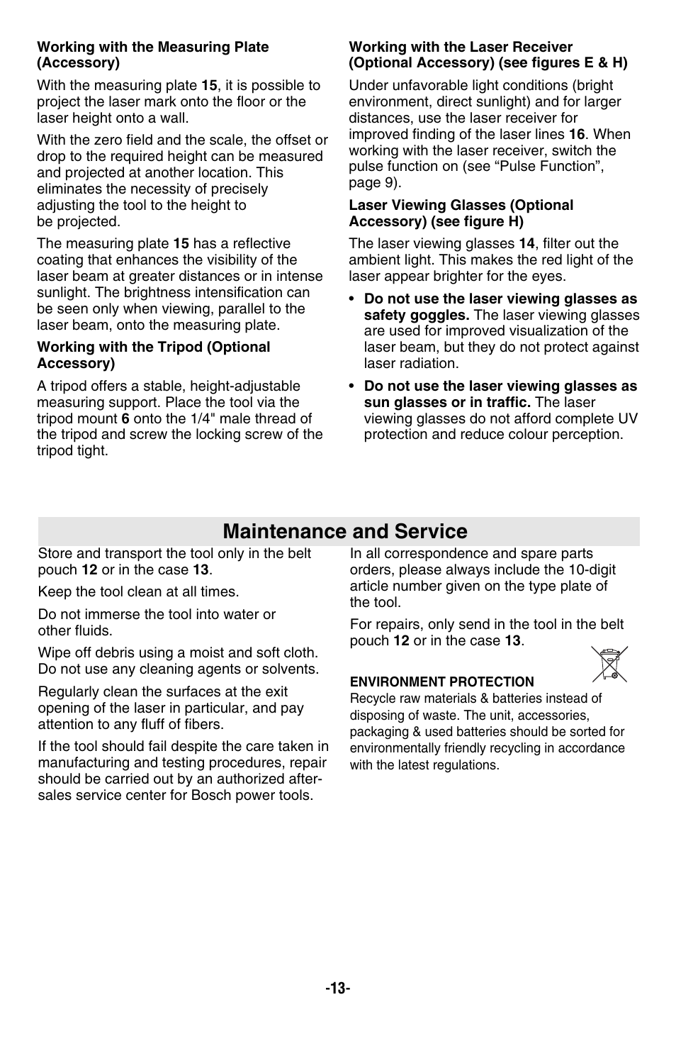 Maintenance and service | Bosch GLL2-50 User Manual | Page 13 / 32