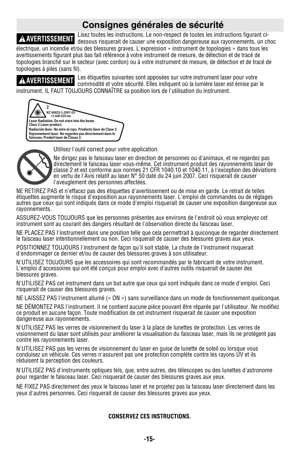 Consignes générales de sécurité, Gll2 -50, Avertissement | Bosch GLL2-50 User Manual | Page 15 / 32