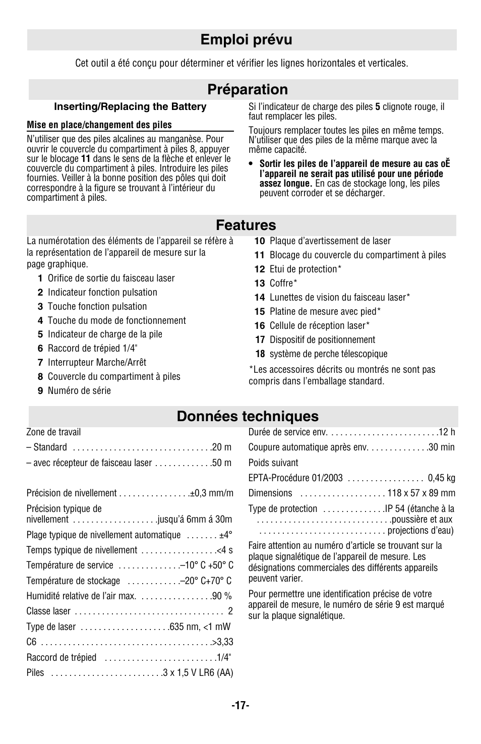 Features, Données techniques préparation, Emploi prévu | Bosch GLL2-50 User Manual | Page 17 / 32