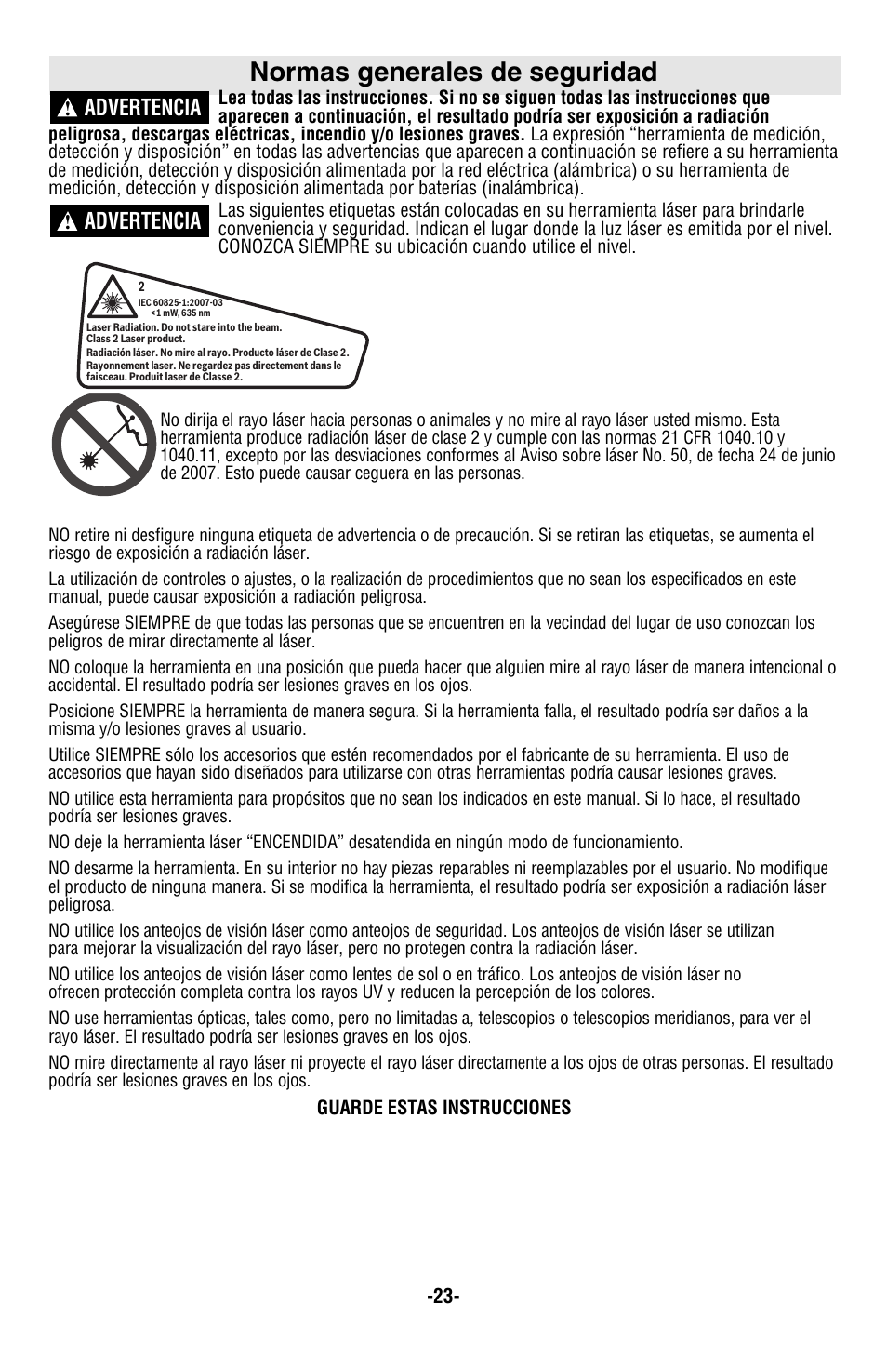 Normas generales de seguridad, Gll2 -50, Advertencia | Bosch GLL2-50 User Manual | Page 23 / 32