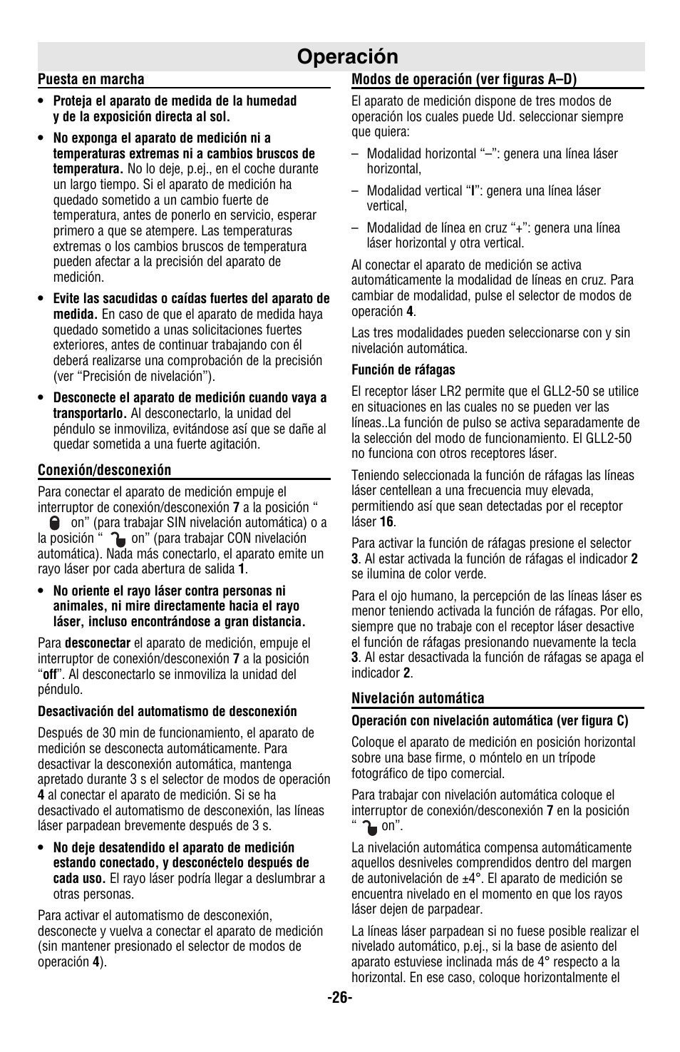 Operación | Bosch GLL2-50 User Manual | Page 26 / 32