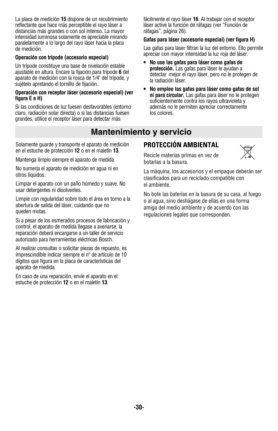 Mantenimiento y servicio, Protección ambiental | Bosch GLL2-50 User Manual | Page 30 / 32