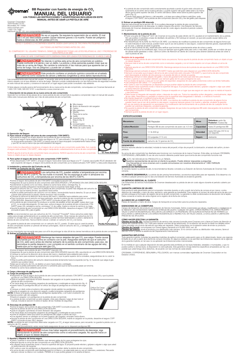 Manual del usuario, Bb repeater con fuente de energía de co, Advertencia | Crosman C11T User Manual | Page 2 / 2