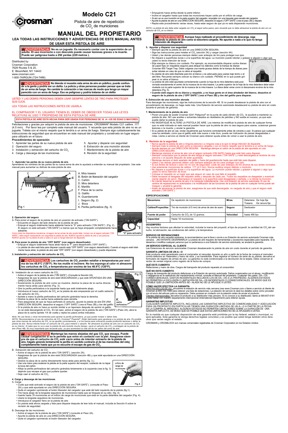 Modelo c21, Manual del propietario, Pistola de aire de repetición de co | De municiones | Crosman C21 User Manual | Page 2 / 3