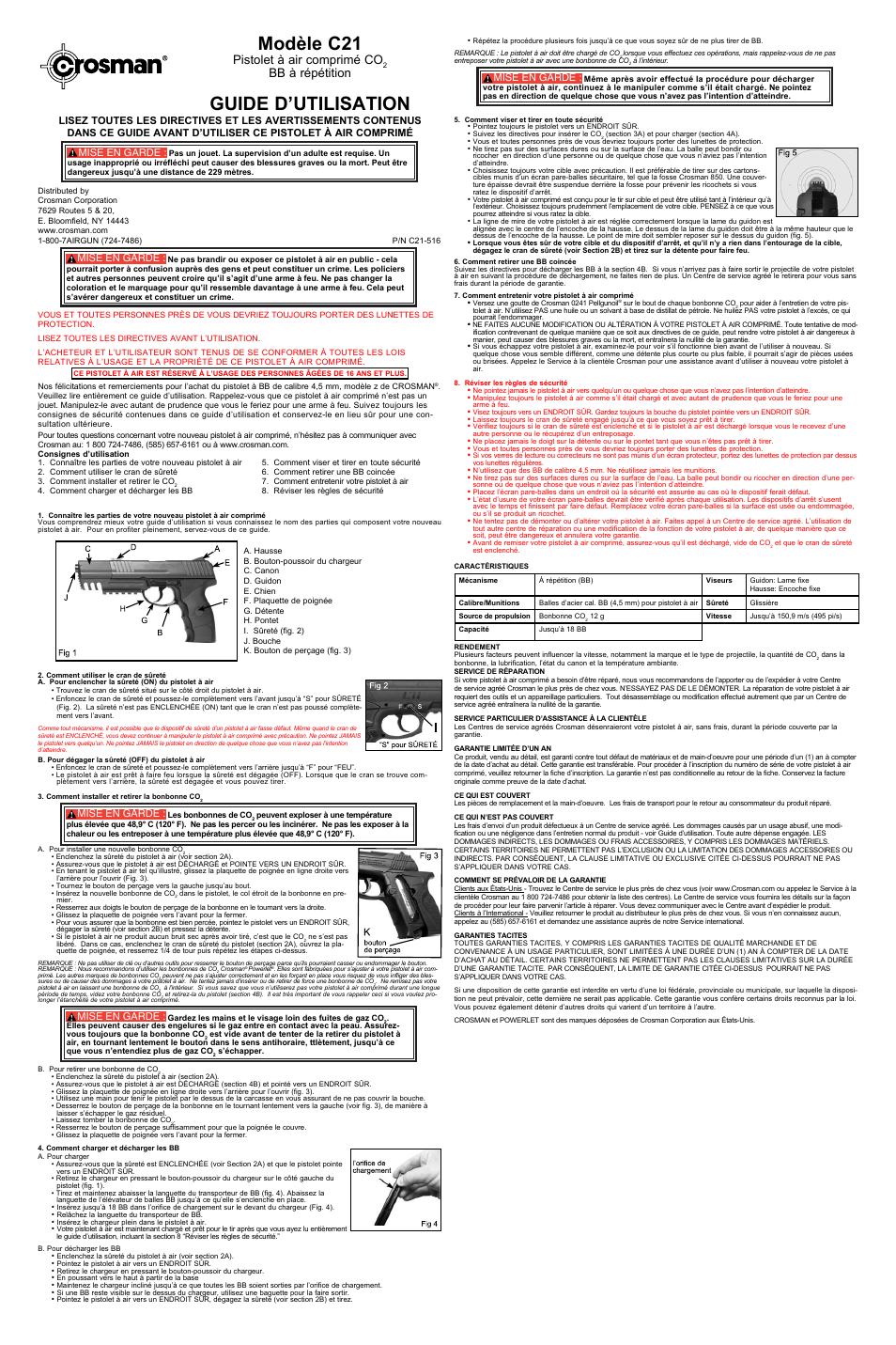 Modèle c21, Guide d’utilisation, Pistolet à air comprimé co | Bb à répétition, Mise en garde | Crosman C21 User Manual | Page 3 / 3
