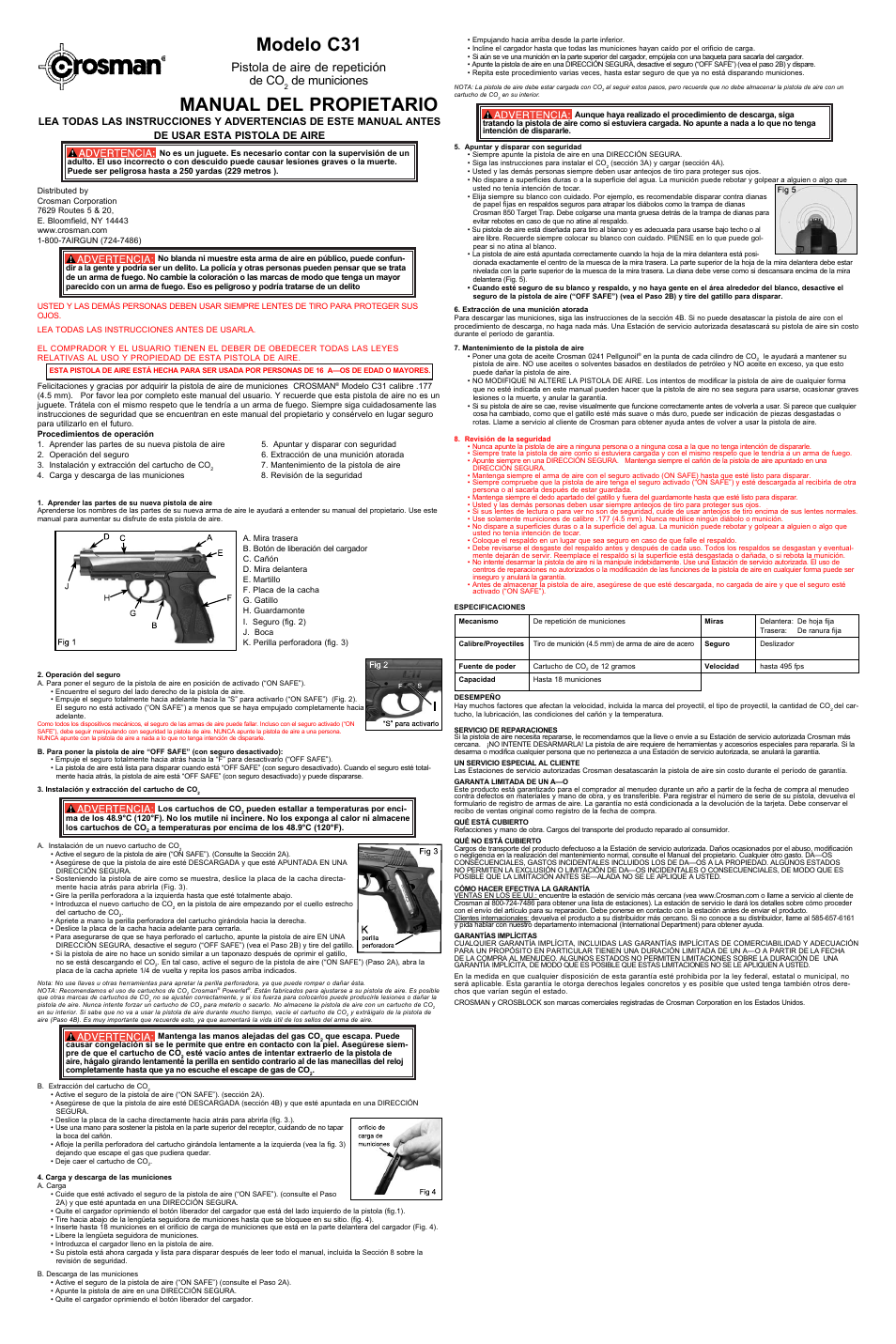 Modelo c31, Manual del propietario, Pistola de aire de repetición de co | De municiones | Crosman C31 User Manual | Page 2 / 3