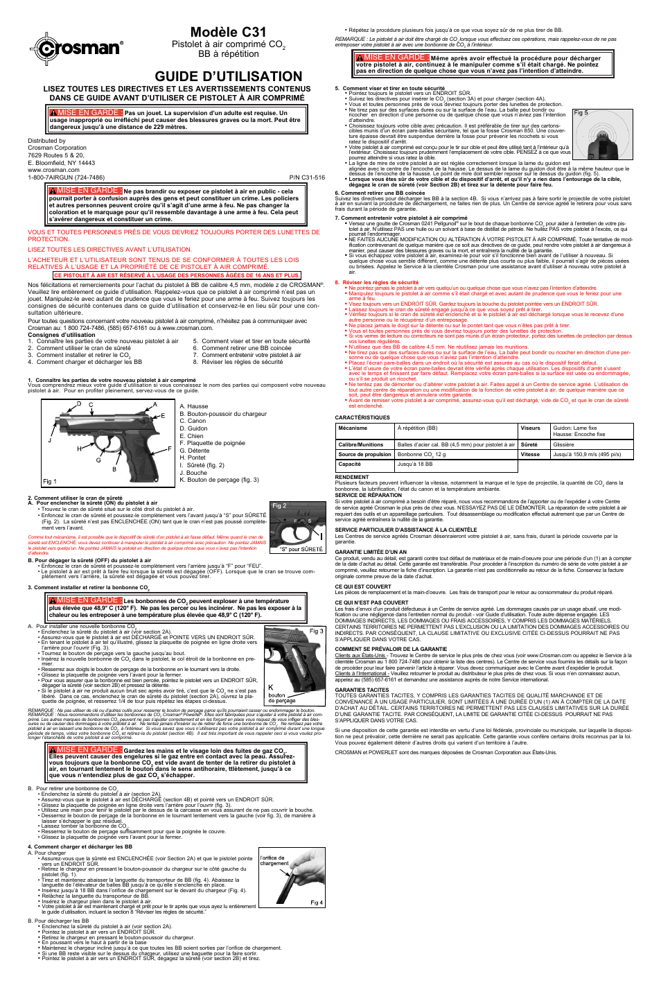 Modèle c31, Guide d’utilisation, Pistolet à air comprimé co | Bb à répétition, Mise en garde | Crosman C31 User Manual | Page 3 / 3