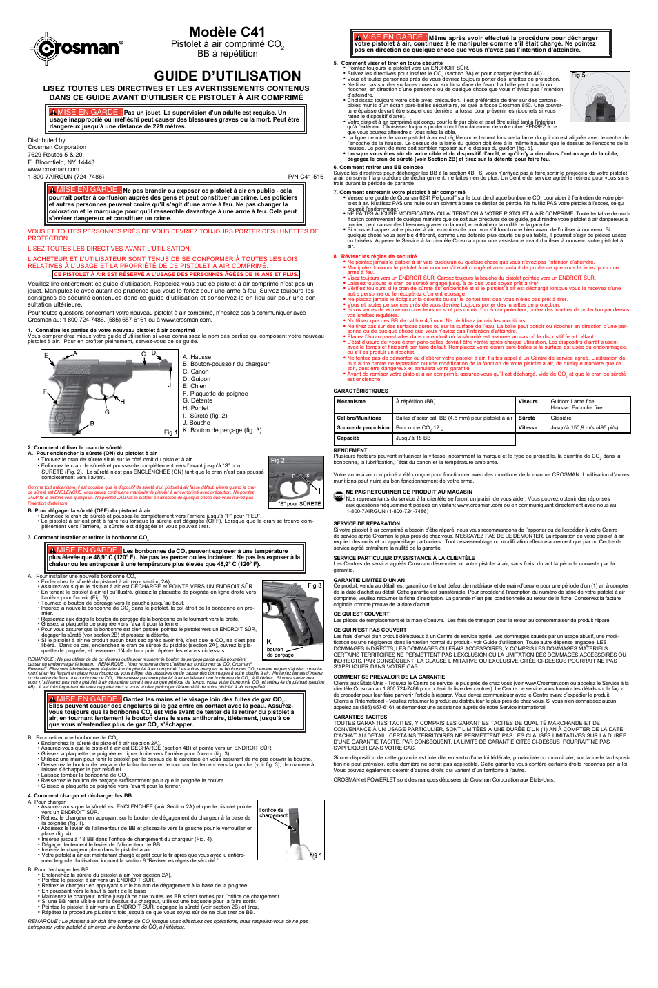 Modèle c41, Guide d’utilisation, Pistolet à air comprimé co | Bb à répétition, Mise en garde | Crosman C41 User Manual | Page 3 / 3