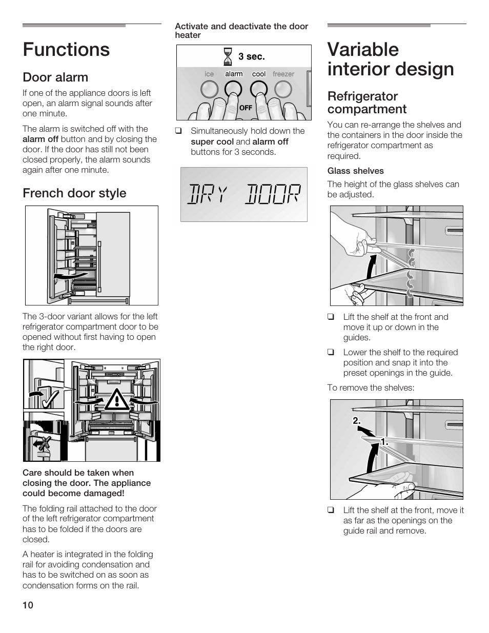 Functions, Variable interior design, Door alarm | French door style, Refrigerator compartment | Bosch B36IB User Manual | Page 10 / 86