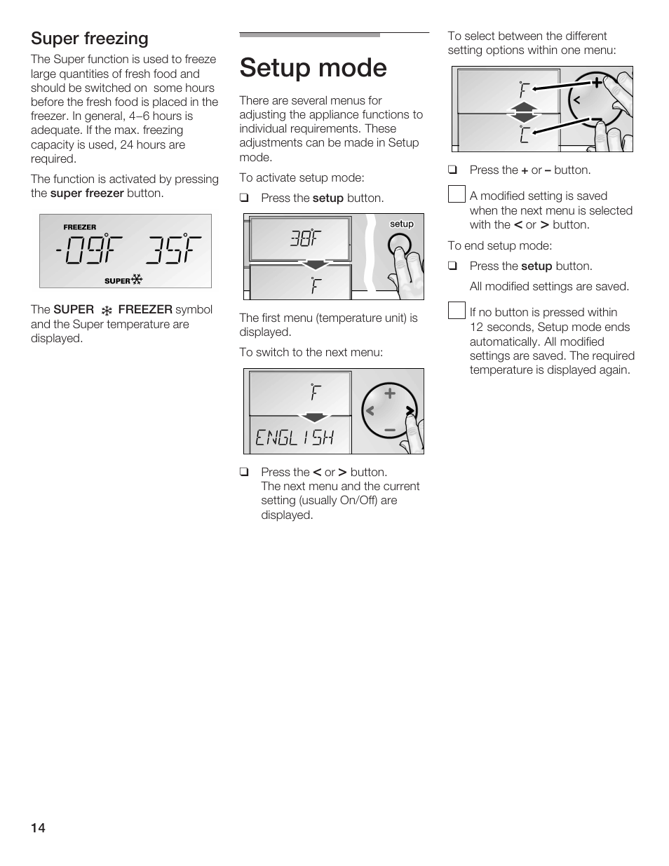 Setup mode, Super freezing | Bosch B36IB User Manual | Page 14 / 86