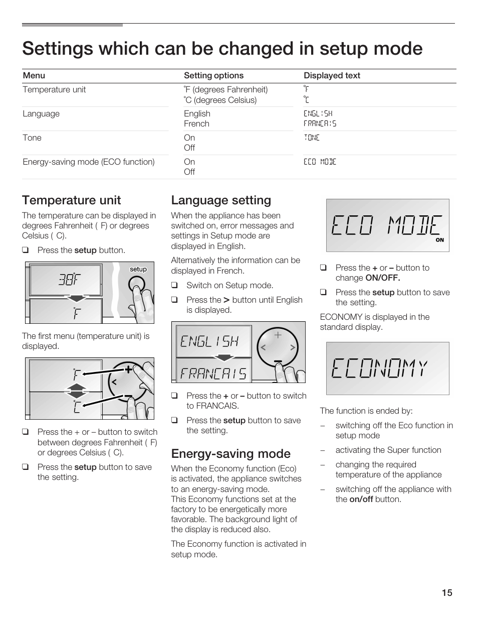 Settings which can be changed in setup mode, Temperature unit, Language setting | Energyćsaving mode | Bosch B36IB User Manual | Page 15 / 86