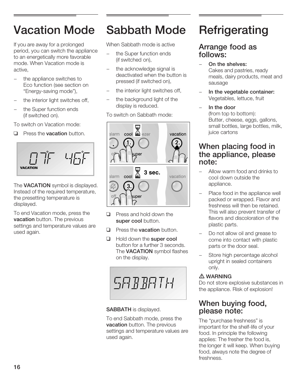 Vacation mode, Sabbath mode, Refrigerating | Arrange food as follows | Bosch B36IB User Manual | Page 16 / 86