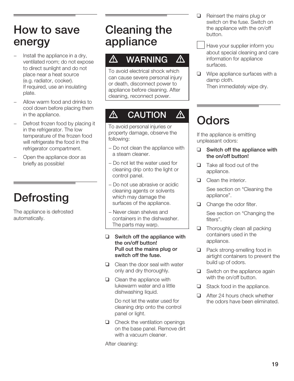 How to save energy, Defrosting, Cleaning the appliance | Odors, Warning, Caution | Bosch B36IB User Manual | Page 19 / 86