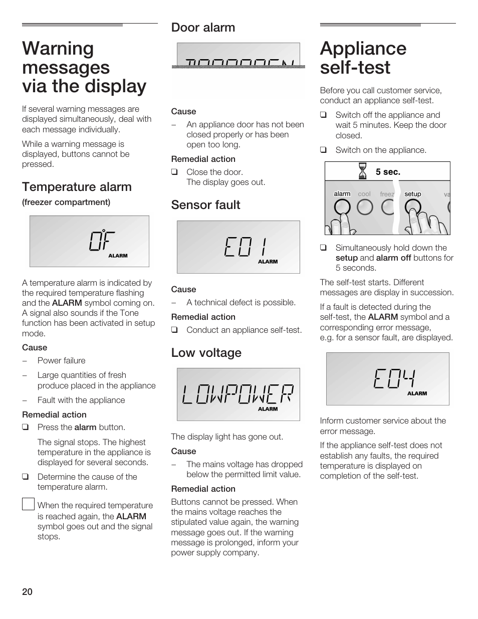 Warning messages via the display, Appliance selfćtest, Temperature alarm | Door alarm, Sensor fault, Low voltage | Bosch B36IB User Manual | Page 20 / 86