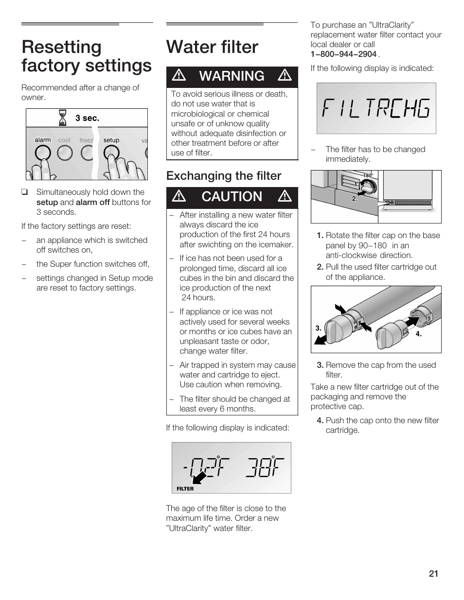 Resetting factory settings, Water filter, Warning | Caution, Exchanging the filter | Bosch B36IB User Manual | Page 21 / 86