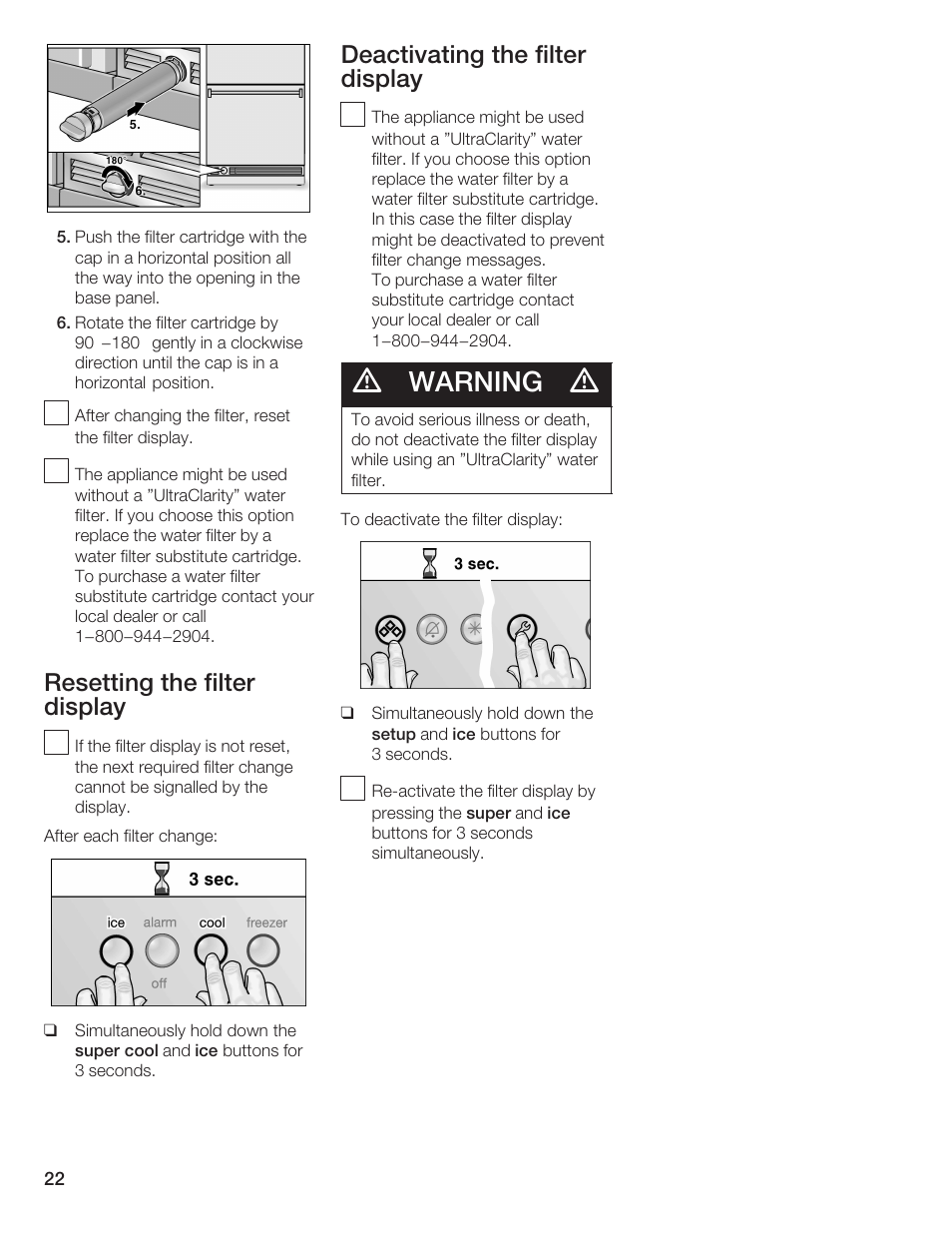 Warning, Resetting the filter display, Deactivating the filter display | Bosch B36IB User Manual | Page 22 / 86