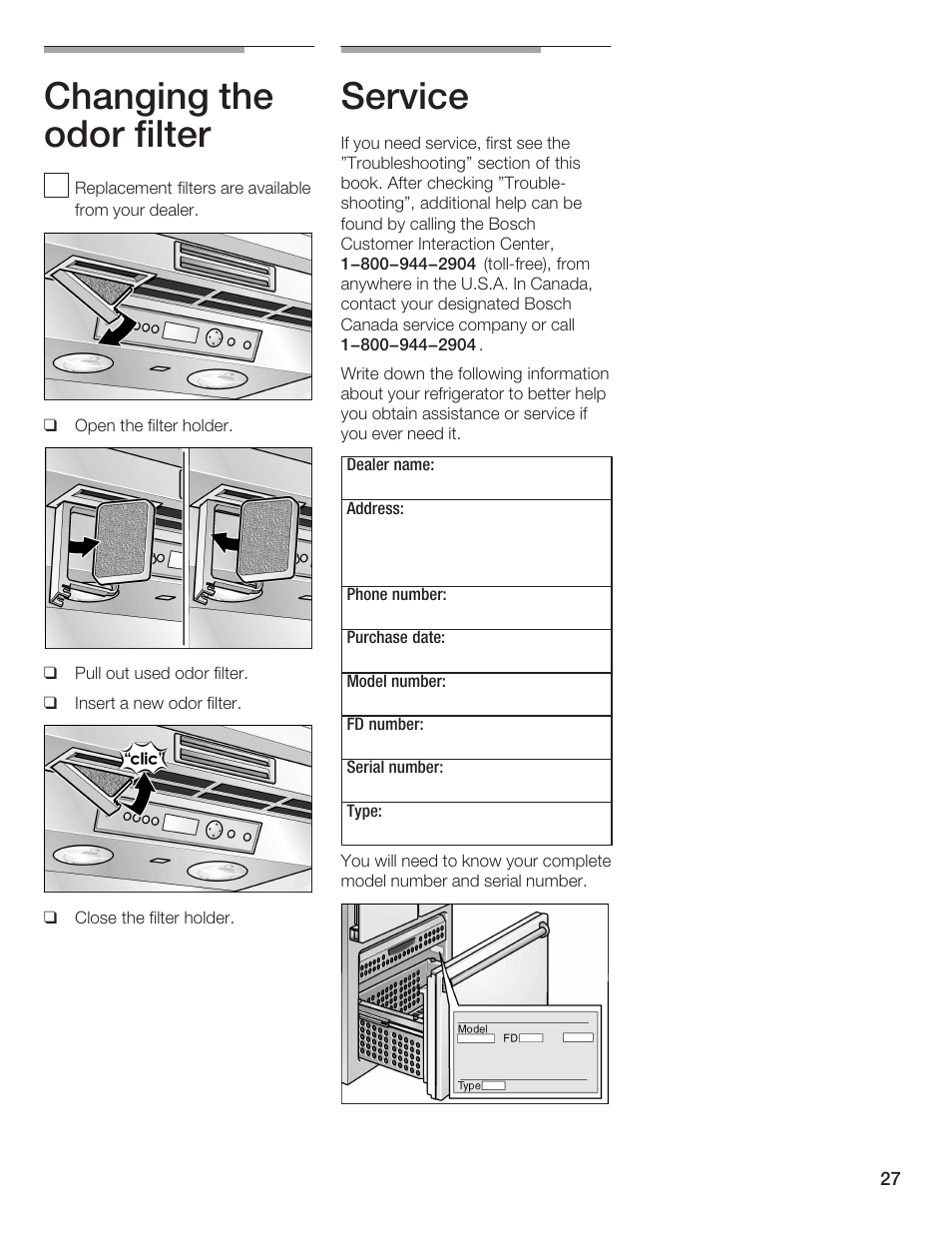 Changing the odor filter, Service | Bosch B36IB User Manual | Page 27 / 86