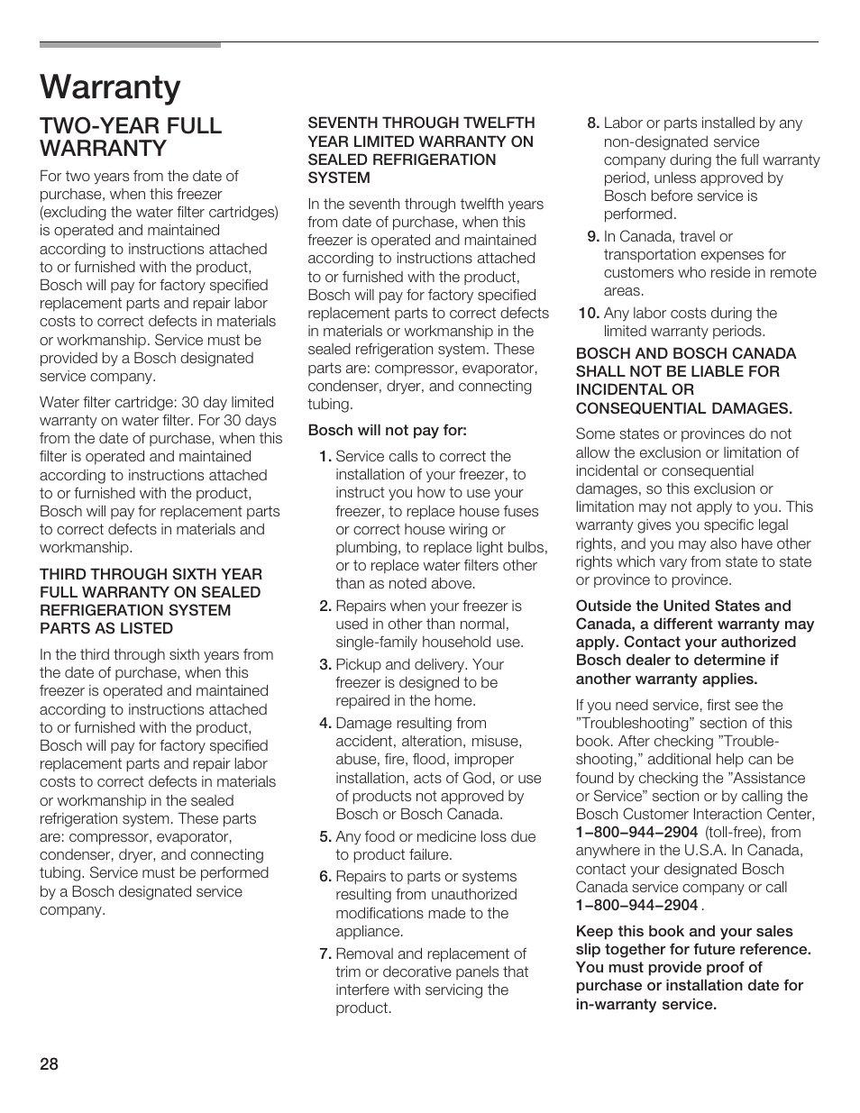 Warranty, Twoćyear full warranty | Bosch B36IB User Manual | Page 28 / 86