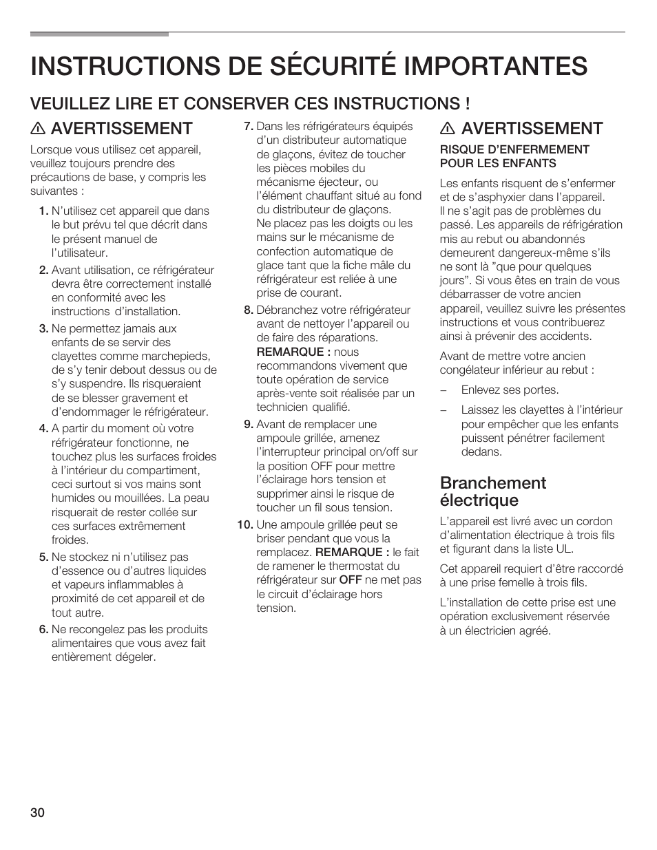 Instructions de sécurité importantes, E avertissement, Branchement électrique | Bosch B36IB User Manual | Page 30 / 86