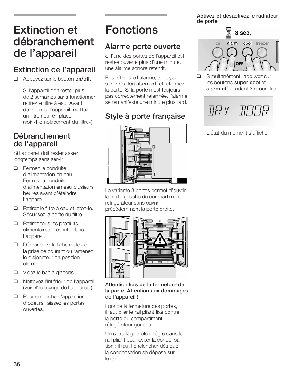 Fonctions, Extinction et débranchement de l'appareil, Extinction de l'appareil | Débranchement de l'appareil, Alarme porte ouverte, Style à porte française | Bosch B36IB User Manual | Page 36 / 86