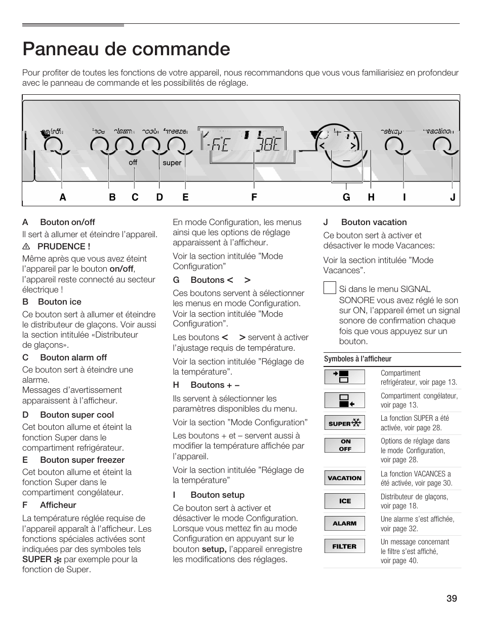 Panneau de commande | Bosch B36IB User Manual | Page 39 / 86