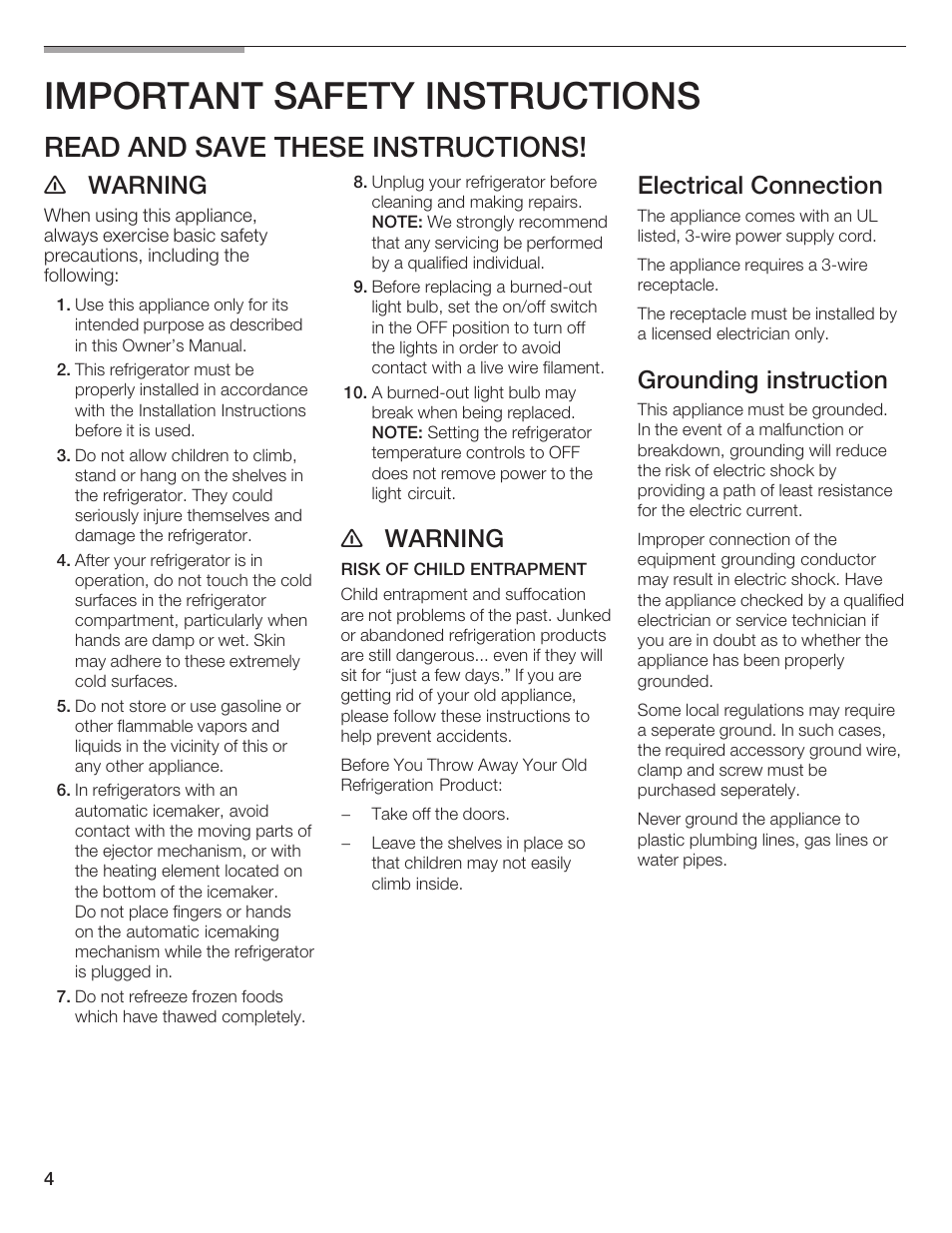 Important safety instructions, Read and save these instructions, E warning | Electrical connection, Grounding instruction | Bosch B36IB User Manual | Page 4 / 86