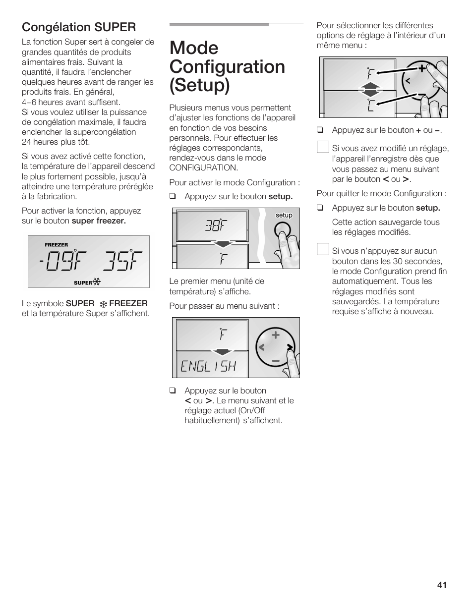 Mode configuration (setup), Congélation super | Bosch B36IB User Manual | Page 41 / 86