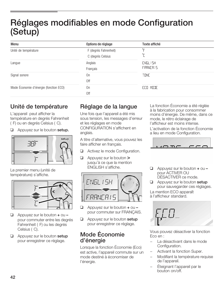 Réglages modifiables en mode configuration (setup), Unité de température, Réglage de la langue | Mode économie d'énergie | Bosch B36IB User Manual | Page 42 / 86