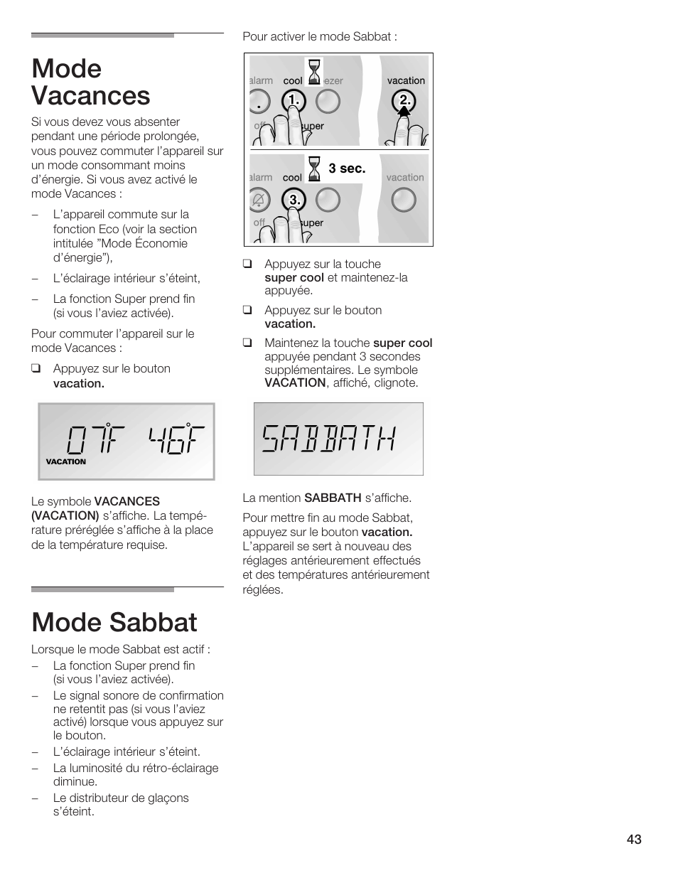 Mode vacances, Mode sabbat | Bosch B36IB User Manual | Page 43 / 86