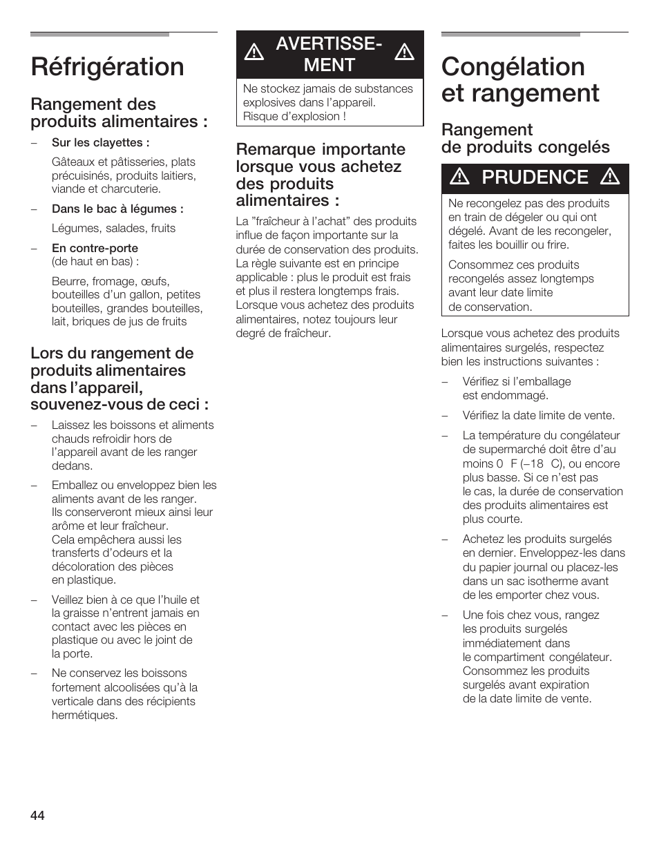 Réfrigération, Congélation et rangement, Prudence | Avertisseć ment, Rangement des produits alimentaires, Rangement de produits congelés | Bosch B36IB User Manual | Page 44 / 86