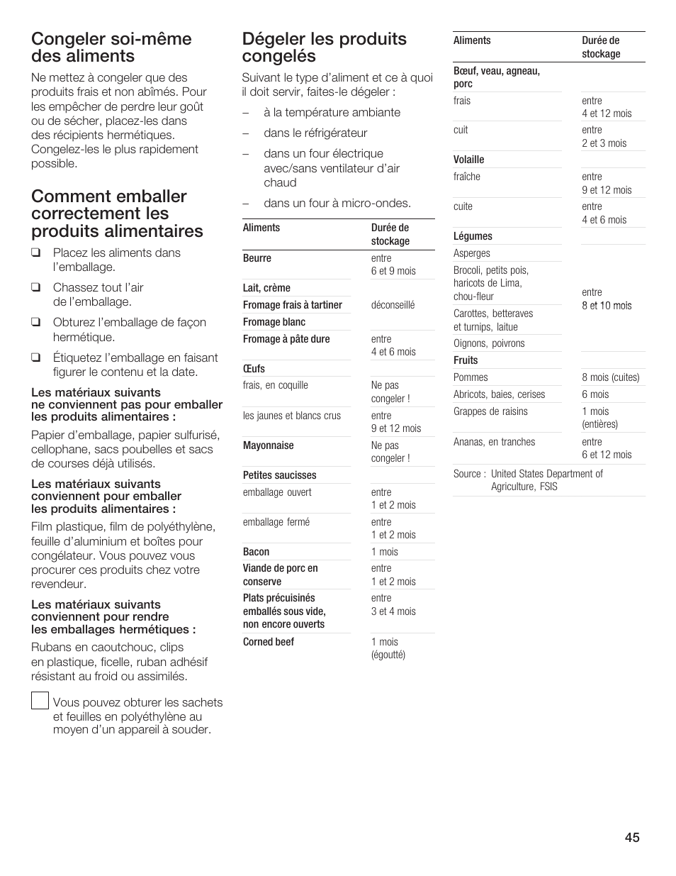 Congeler soićmême des aliments, Dégeler les produits congelés | Bosch B36IB User Manual | Page 45 / 86