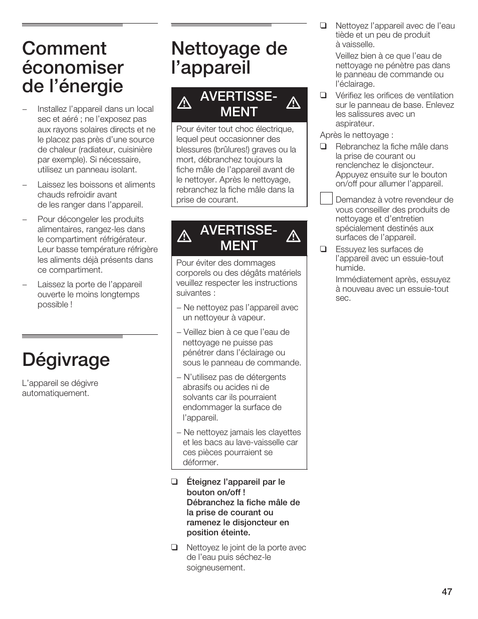 Comment économiser de l'énergie, Dégivrage, Nettoyage de l'appareil | Avertisseć ment | Bosch B36IB User Manual | Page 47 / 86