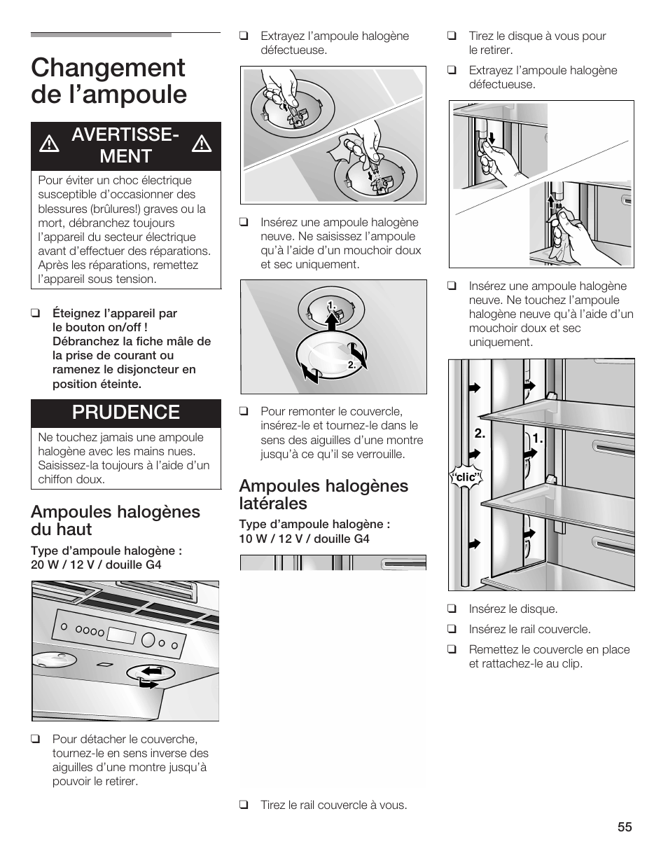 Changement de l'ampoule, Prudence, Avertisseć ment | Ampoules halogènes du haut, Ampoules halogènes latérales | Bosch B36IB User Manual | Page 55 / 86