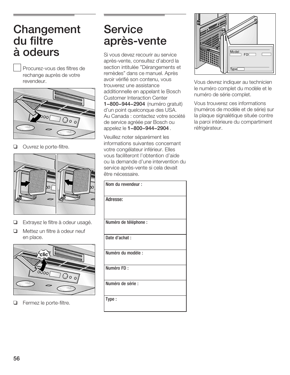 Changement du filtre à odeurs, Service aprèsćvente | Bosch B36IB User Manual | Page 56 / 86