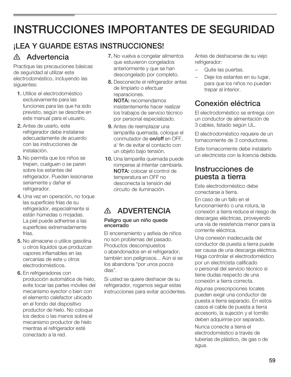 Instrucciones importantes de seguridad, Lea y guarde estas instrucciones! e advertencia, E advertencia | Conexión eléctrica, Instrucciones de puesta a tierra | Bosch B36IB User Manual | Page 59 / 86